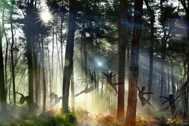 Digital composite image of people dancing in forest