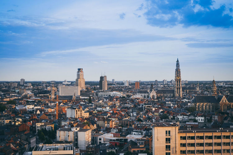 Antwerp, belgium, city skyline and cityscape with cathedral