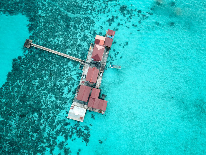 Aerial view of structures on sea