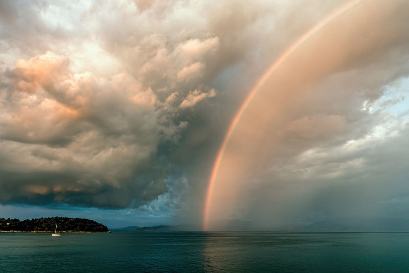 Scenic view of rainbow over sea against cloudy sky