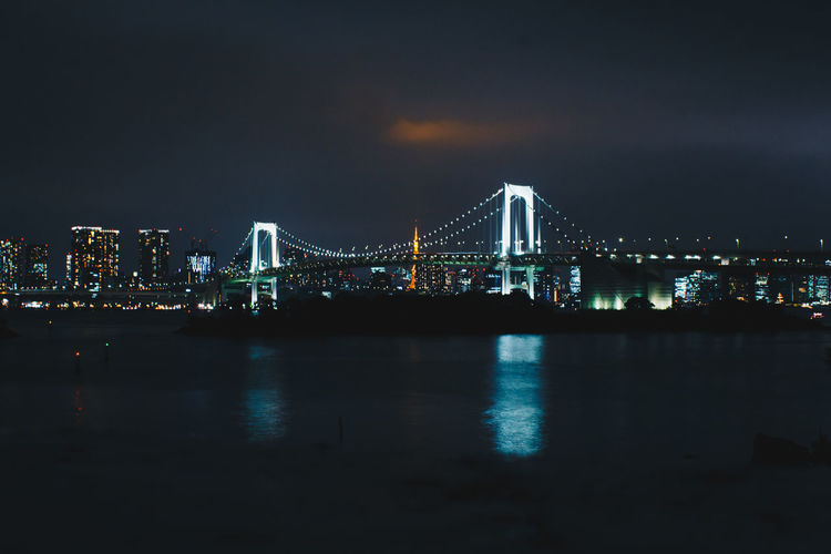 Illuminated bridge over river in city against sky at night