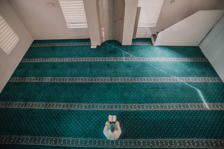 High angle view of people on staircase