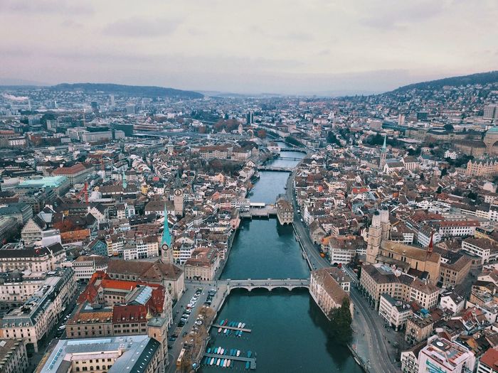 High angle view of city against sky
