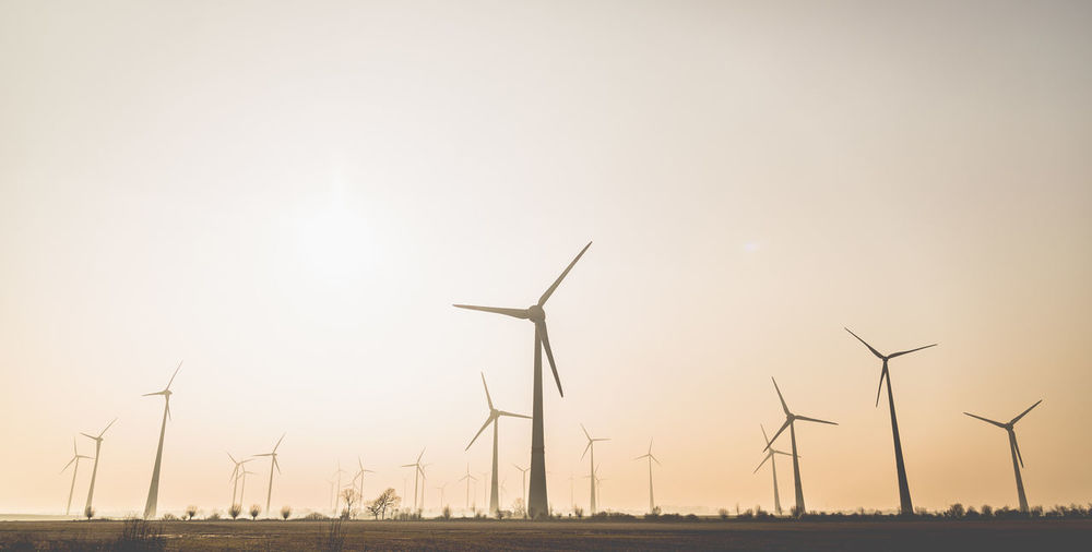 Windmills on field against sky during sunset