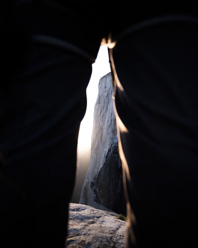 View of the nose on el capitan between legs at sunset from top
