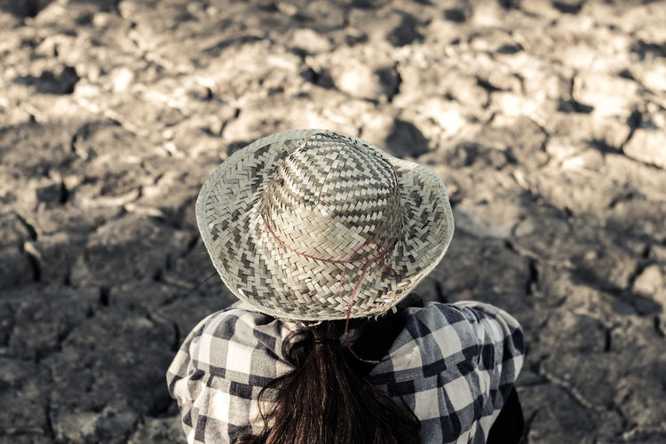 Rear view of woman sitting on barren field