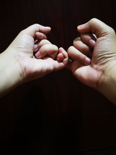 Cropped hands of people doing pinky promise against wooden wall