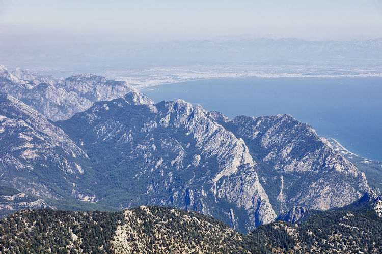 Aerial view of snowcapped mountains against sky