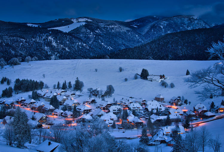 High angle view of snow covered trees and buildings against mountains
