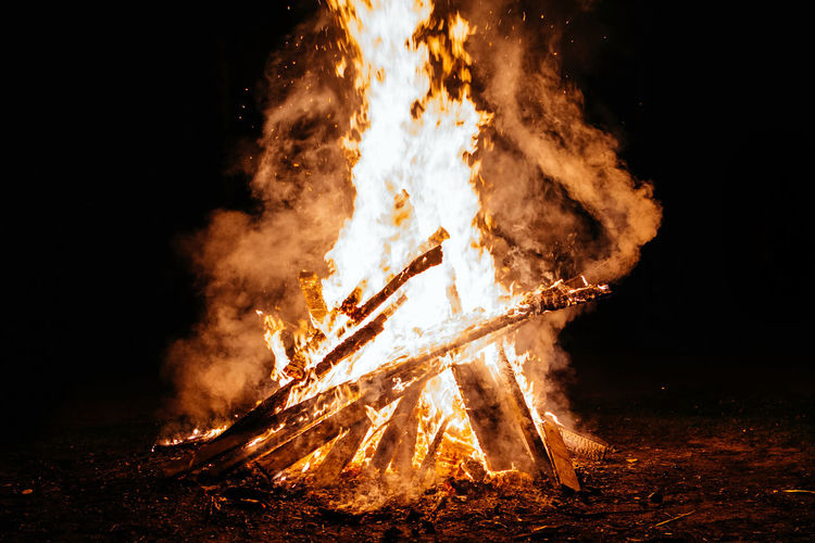 Low angle view of fire on log at night