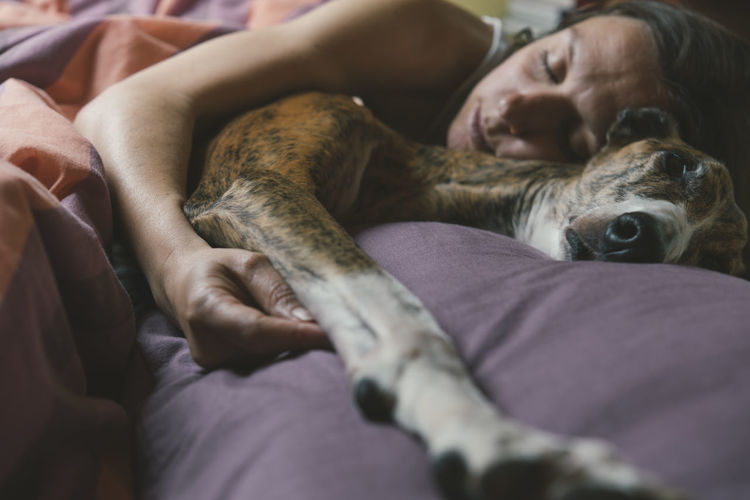 Woman lying in bed with her dog