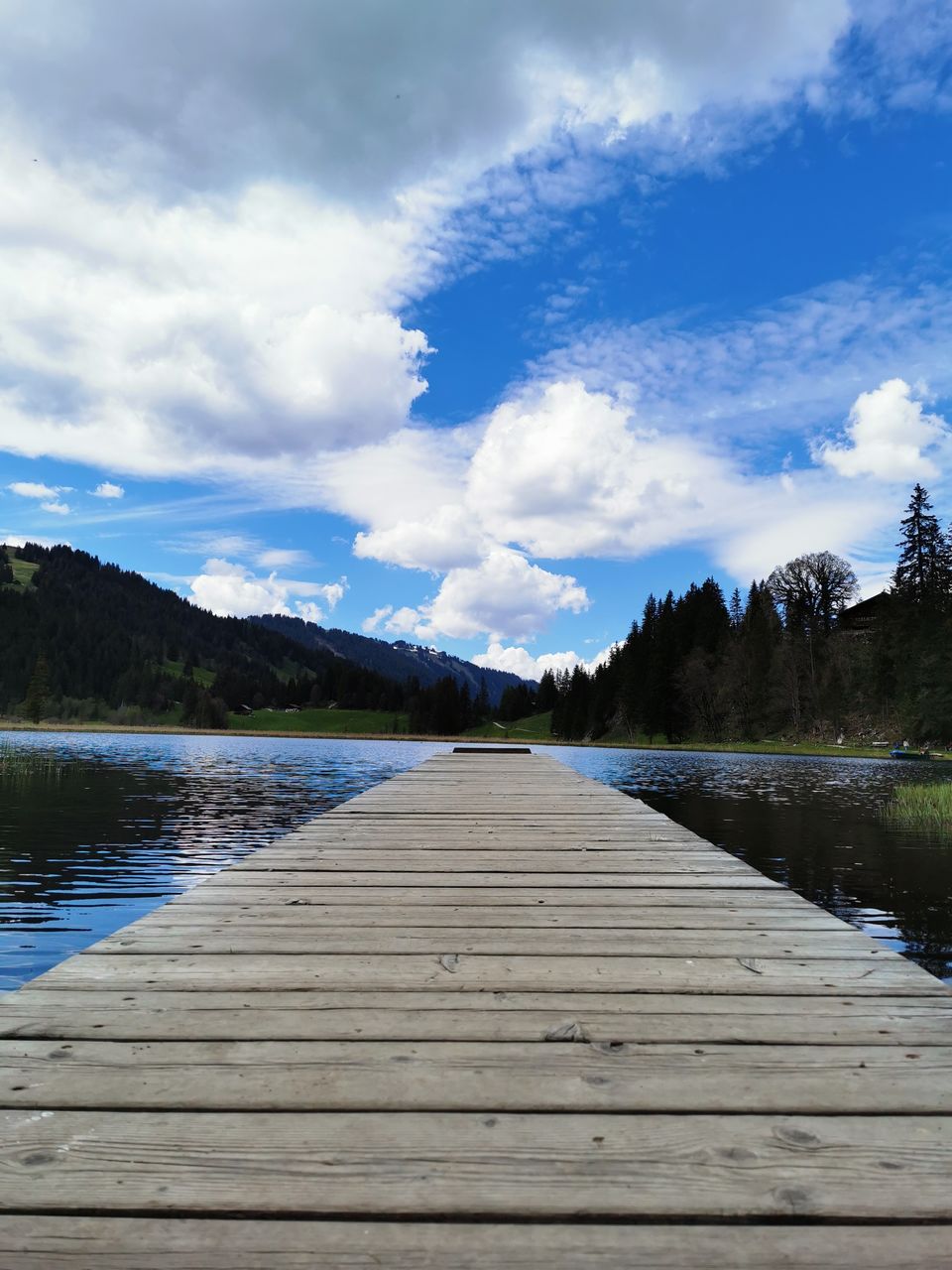 VIEW OF PIER ON LAKE AGAINST SKY