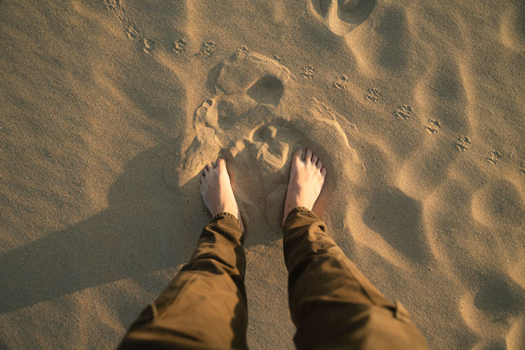Low section of person standing on sand