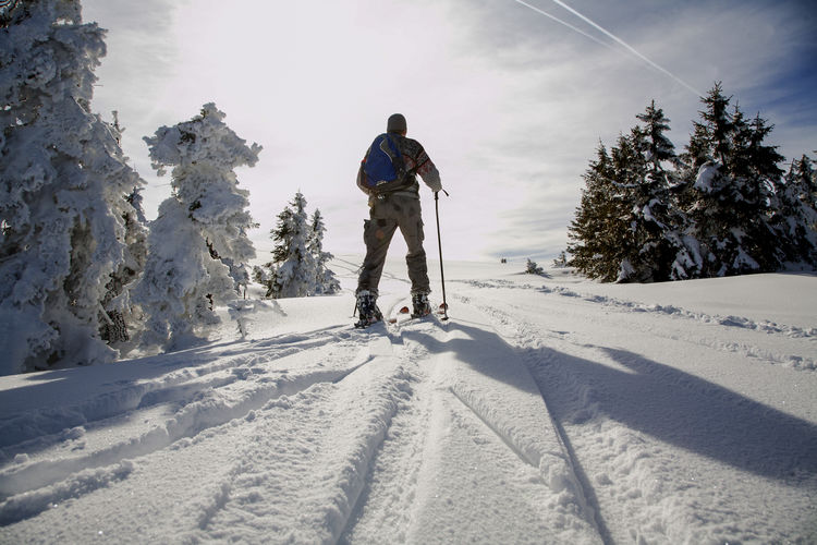 Rear view of man on snowcapped mountain