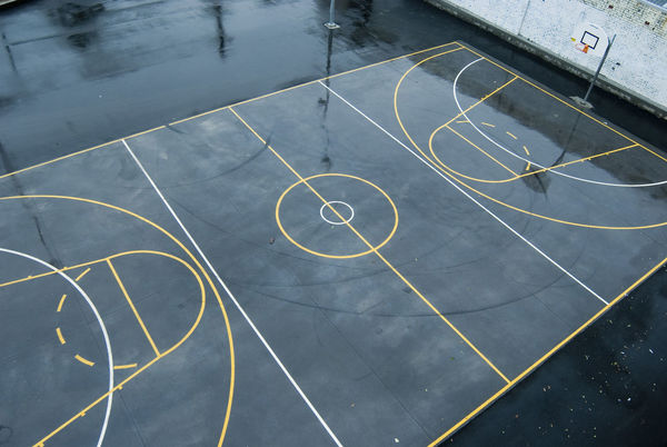 High angle view of wet basketball court