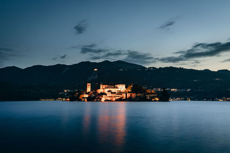 The island of san giulio at sunset, blue hour, long exposure