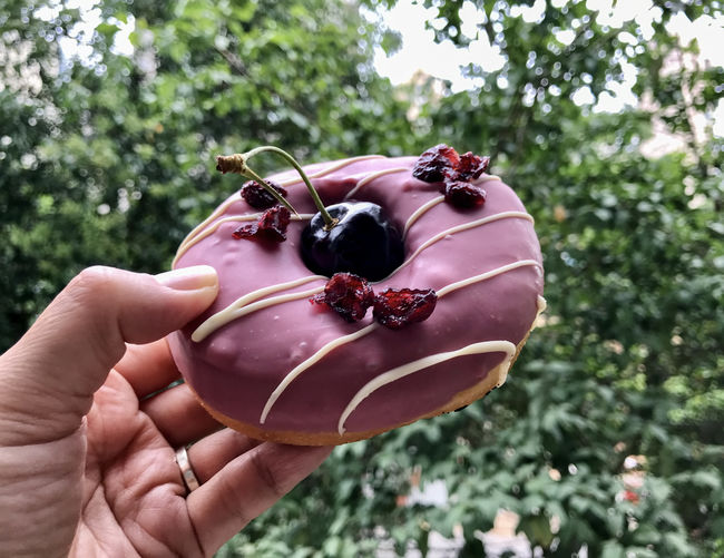 Ruby chocolate doughnut with cherry and cranberries