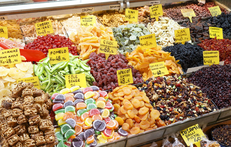 High angle view of various dessert displayed for sale in store
