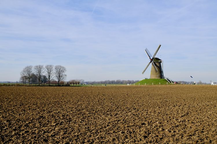 Traditional windmill on field against sky.