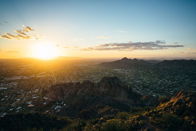 Aerial view of landscape against sky during sunset