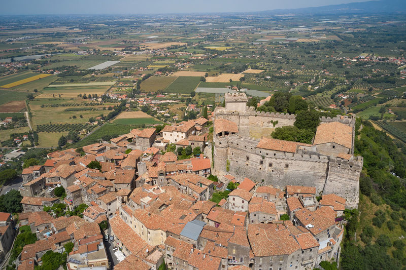 Aerial close-up view of the medieval town of latin sermoneta