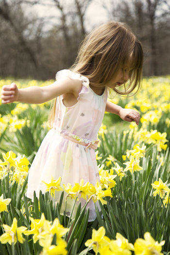 Rear view of woman with yellow flowers on field
