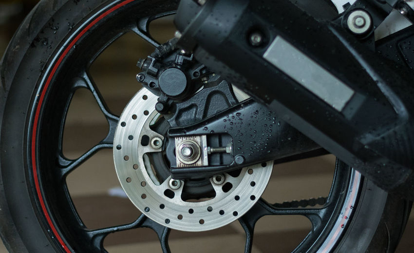 Close-up of motorcycle wheel
