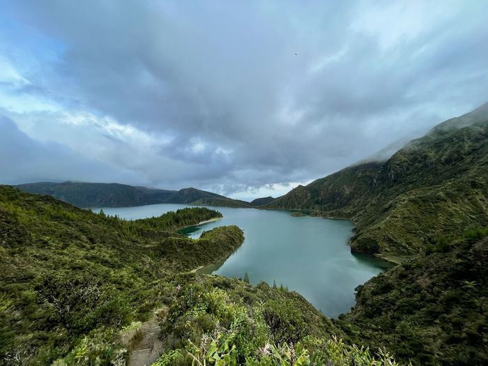 Scenic view of lake and mountains against sky