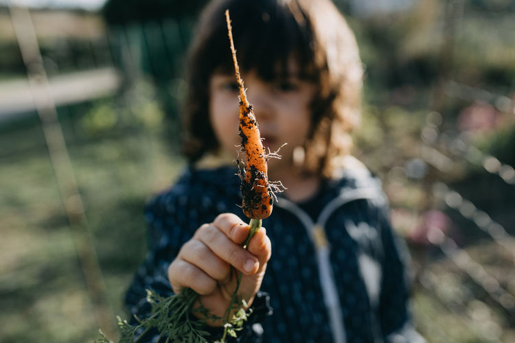 Child holding fresh carrot