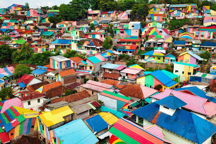 High angle view of colorful houses in town 