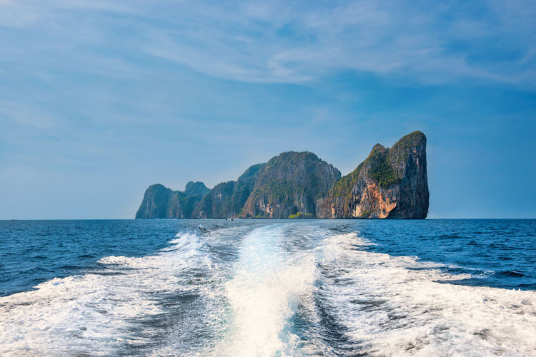 Panorama of famous phi phi island in thailand, sea and mountains in beautiful lagoon