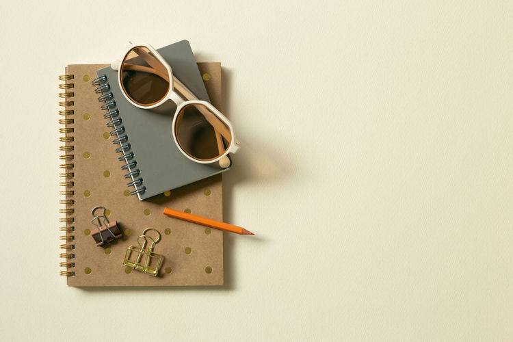 High angle view of sunglasses and binder clips on note pads