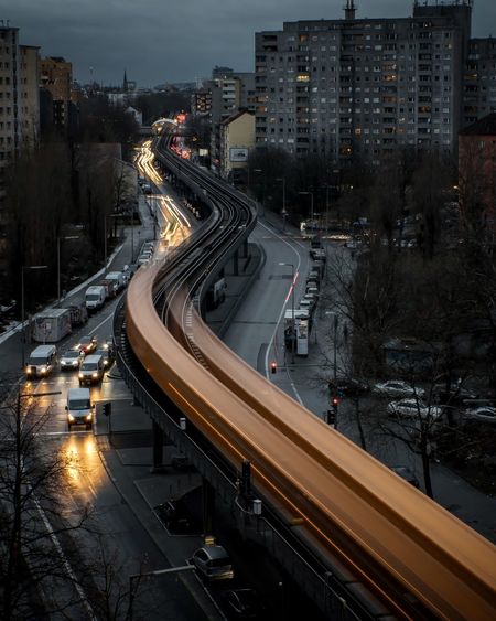 High angle view of traffic on road at night