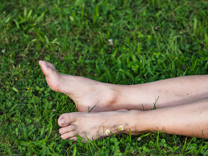 Tired female legs with bare feet on the green grass. mature woman lays in short fresh green grass.