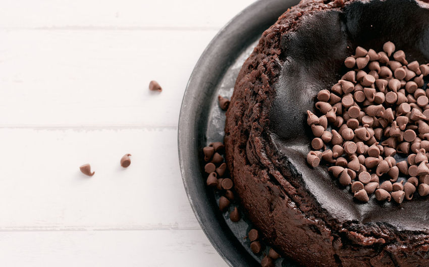 High angle view of chocolate cake in bowl on table