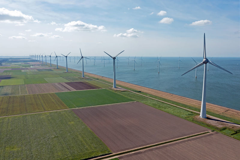 Aerial from wind turbines in the ijsselmeer in friesland in the netherlands