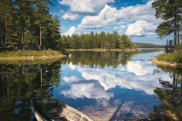 Scenic view of lake by trees against sky