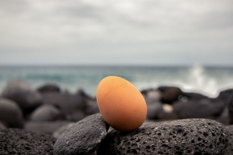 Close-up of apple on rock at sea shore against sky