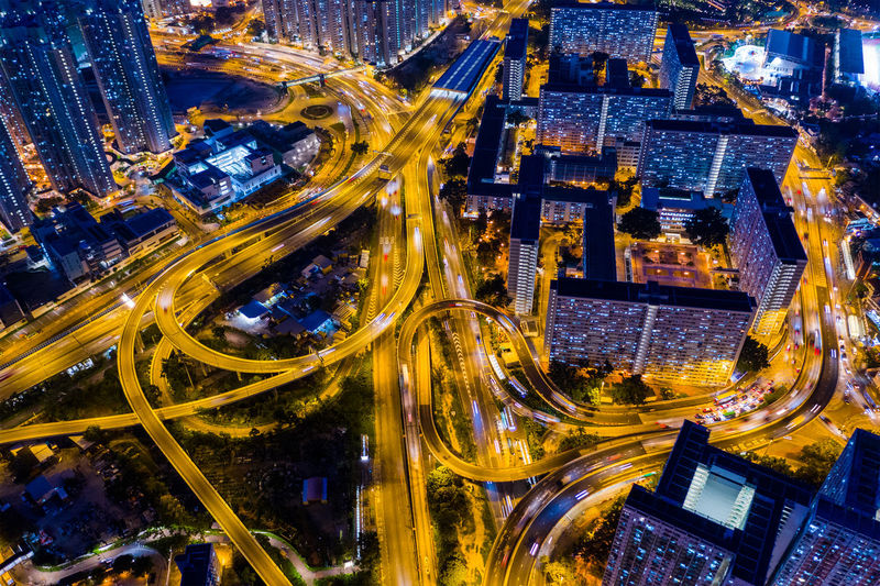 Aerial view of illuminated city streets at night