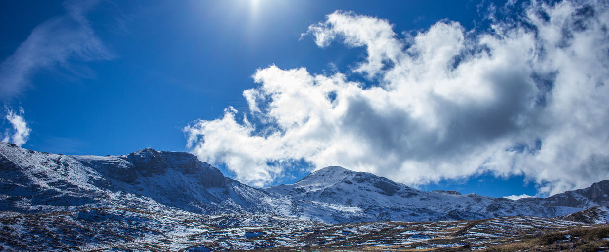 Panoramic view of snowcapped mountains against sky