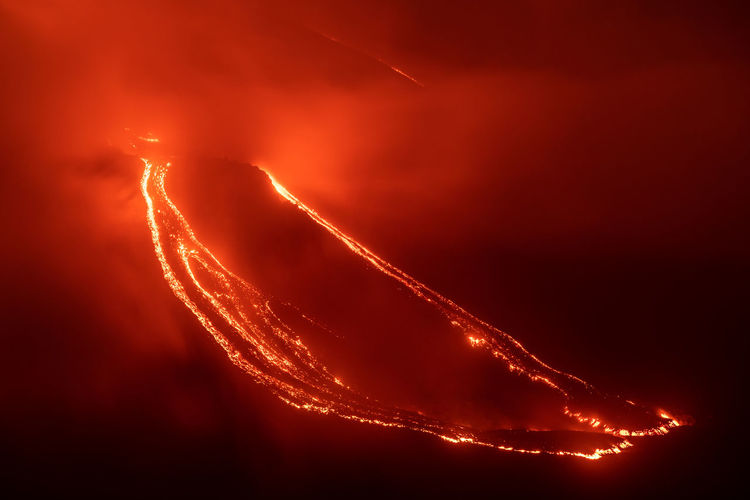 High angle view of volcano at night