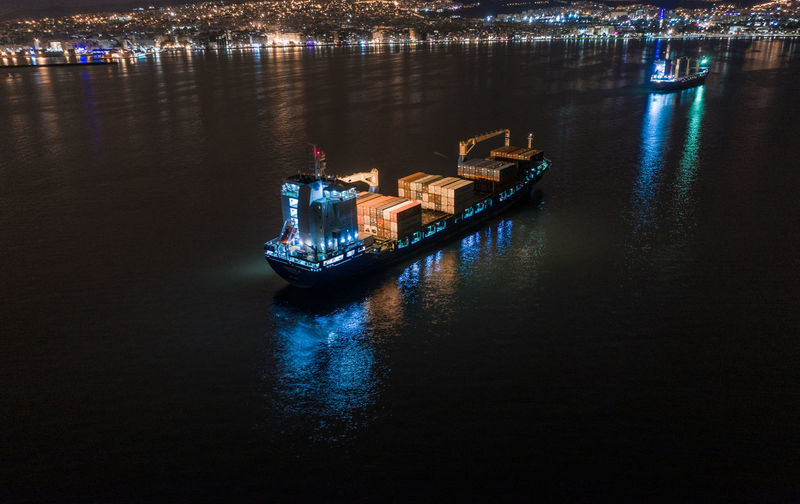 Aerial night photo of a ship