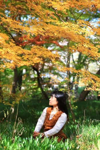Beautiful woman looking away while sitting in grass at park