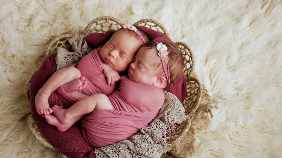Twins sisters newborn in the winding and in a basket on white fur background