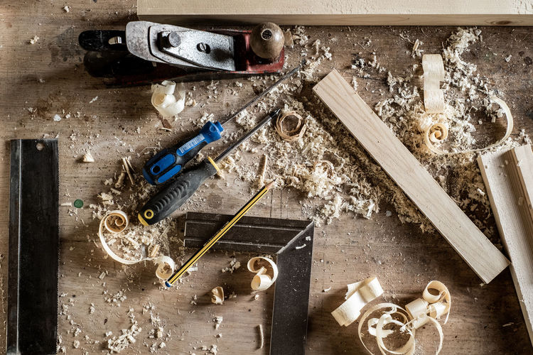 Close-up of carpentry equipment on table