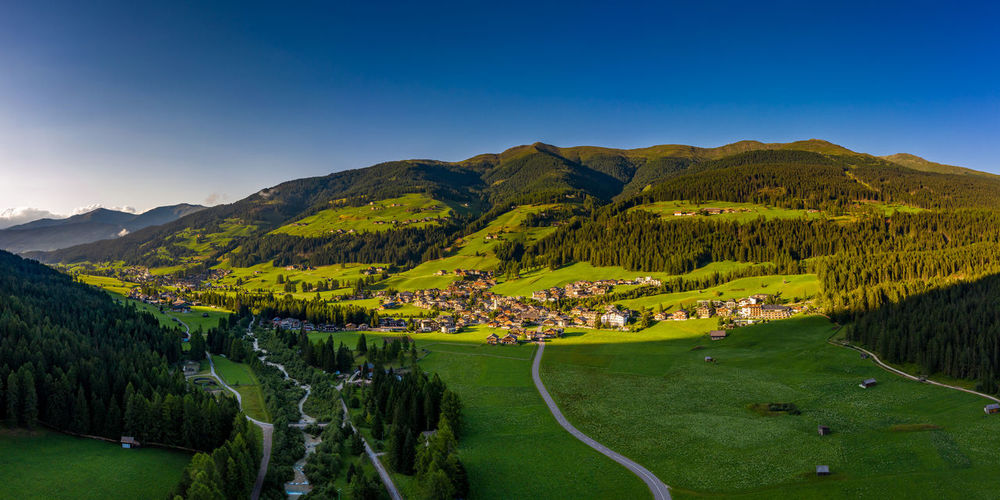 Panoramic view of sesto and moss in south tyrol. dronephotography.