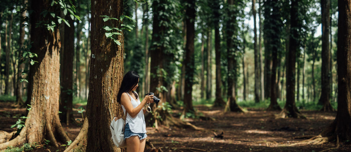 Woman photographing in forest