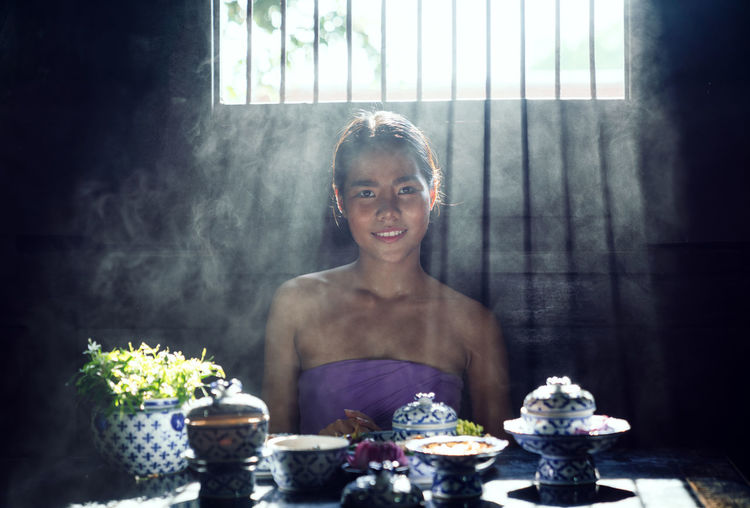 Asian woman wearing thai dress costume traditional according culture and tradition cooking