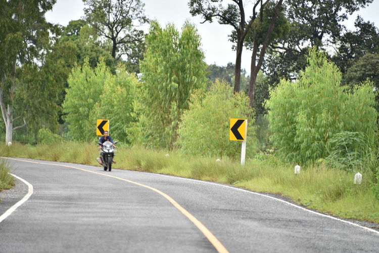 Man riding motorcycle on road against trees