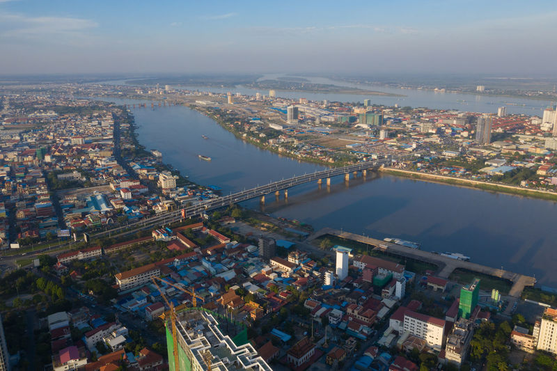 Phnompenh capital of cambodia on the sunset with beautiful landscape by drone